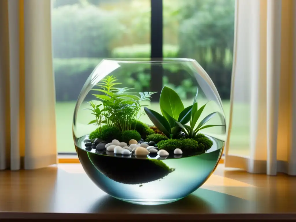 Jardines acuáticos en miniatura para interiores: un oasis tranquilo con plantas acuáticas y luz suave filtrándose por cortinas