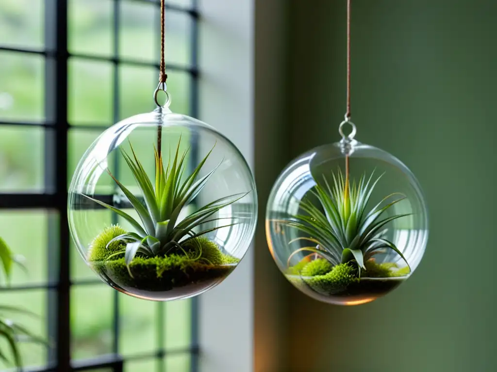 Fotografiando jardines colgantes de plantas aéreas en delicadas esferas de vidrio, resaltando su belleza etérea y orgánica bajo suave luz natural