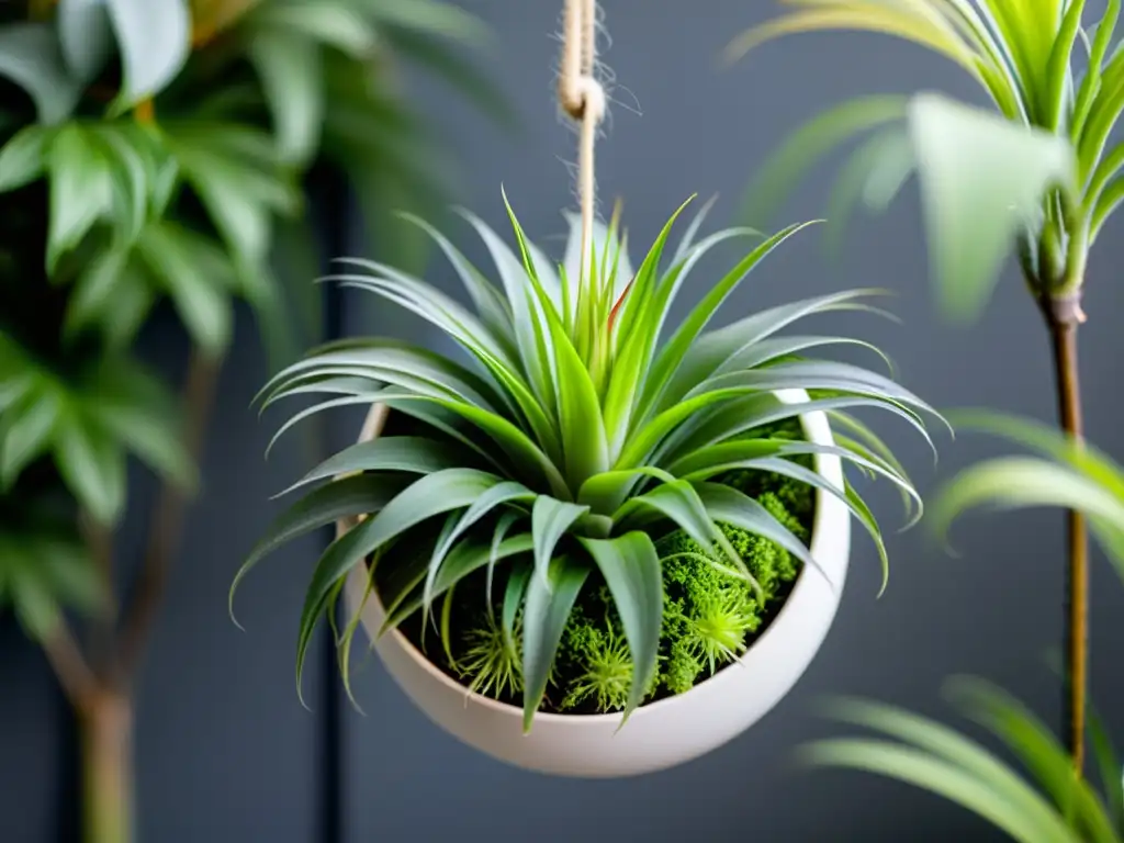 Fotografiando jardines colgantes de plantas aéreas: Detalle de Tillandsia verde en maceta moderna, contrastando con musgo español