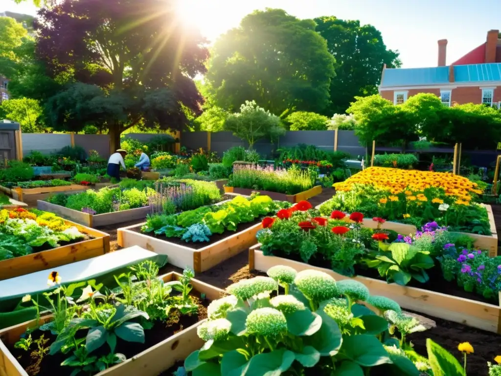 Jardines comunitarios urbanos cuidado plantas: Vibrante jardín urbano con flores coloridas, verduras exuberantes y jardineros compartiendo consejos