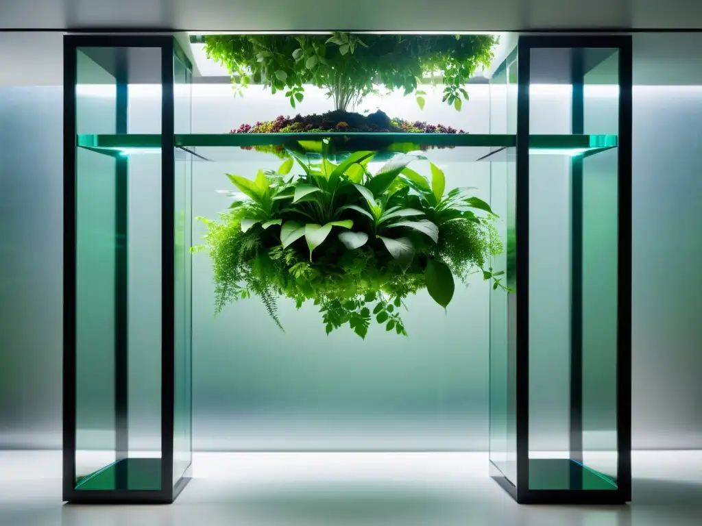 Jardines magnéticos antigravedad: exuberantes plantas suspendidas en un elegante recinto de cristal futurista, creando un ambiente sereno y mágico