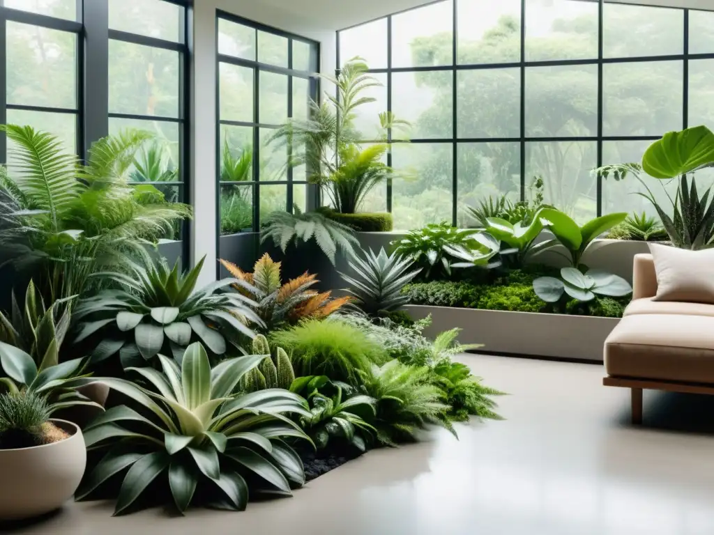 Jardines de interior multisensoriales con plantas variadas en tonos terrosos, diseño moderno y luz natural