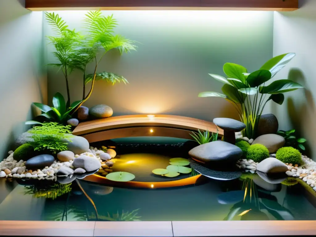 Jardines acuáticos interiores zen: Un tranquilo jardín de agua con un pequeño puente de madera sobre un estanque sereno, rodeado de rocas cuidadosamente dispuestas y exuberante vegetación, iluminado suavemente