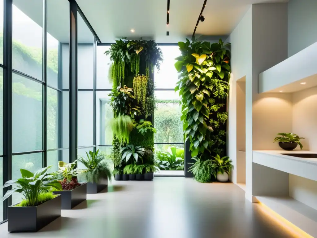 Jardines verticales acústica interior: Espacio minimalista con jardín vertical, plantas verdes y luz natural suave