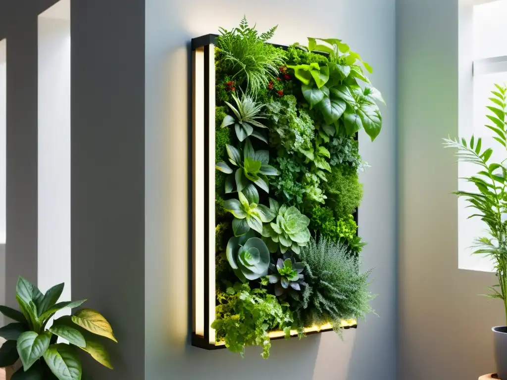 Jardines verticales comestibles en casa: plantas verdes y vibrantes en un moderno jardín vertical, bañadas por la cálida luz del sol