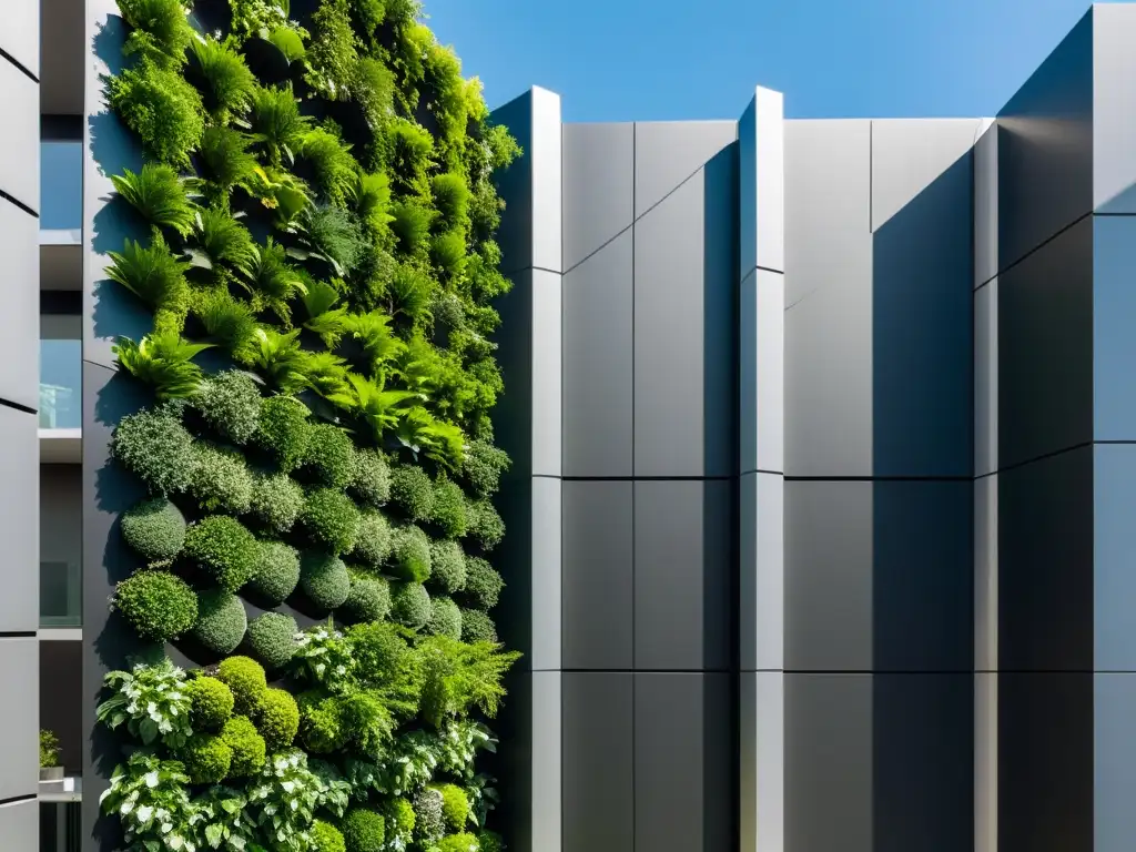 Jardines verticales diseño moderno: Imagen detallada de un elegante jardín vertical en un edificio futurista, integrando naturaleza y arquitectura