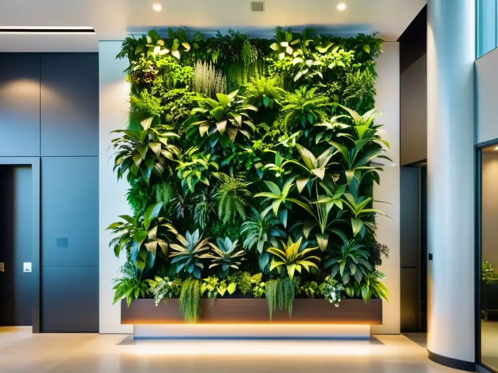 Jardines verticales en espacios comerciales: Elegante lobby de oficina con pared verde llena de plantas vibrantes, iluminación suave y ambiente sereno