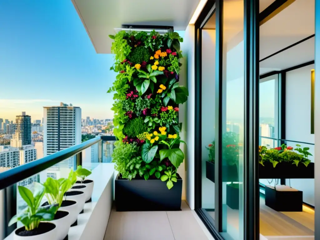 Jardines verticales hidropónicos en apartamento: oasis de naturaleza urbana en un balcón soleado y moderno