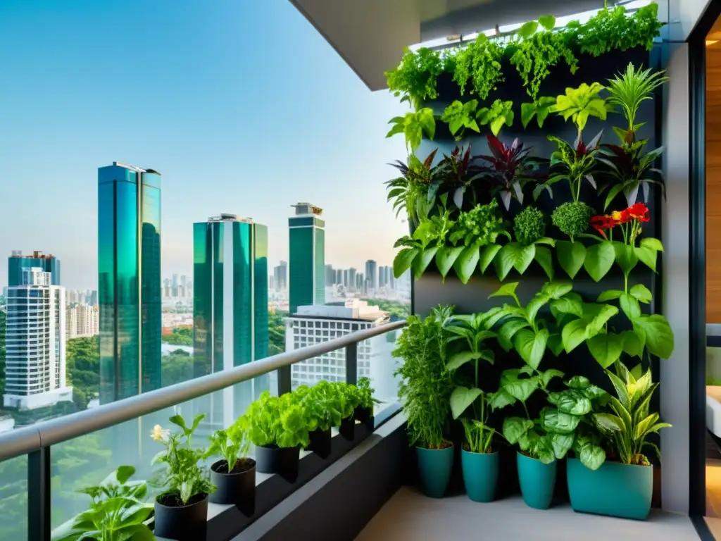 Jardines verticales hidropónicos en apartamento: Balcón moderno con exuberante jardín urbano y skyline de la ciudad al fondo