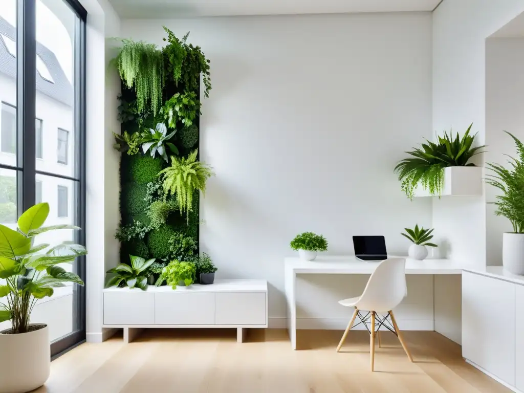 Adaptar jardines verticales decoración interior: Un interior minimalista escandinavo con un jardín vertical, muebles blancos y plantas verdes