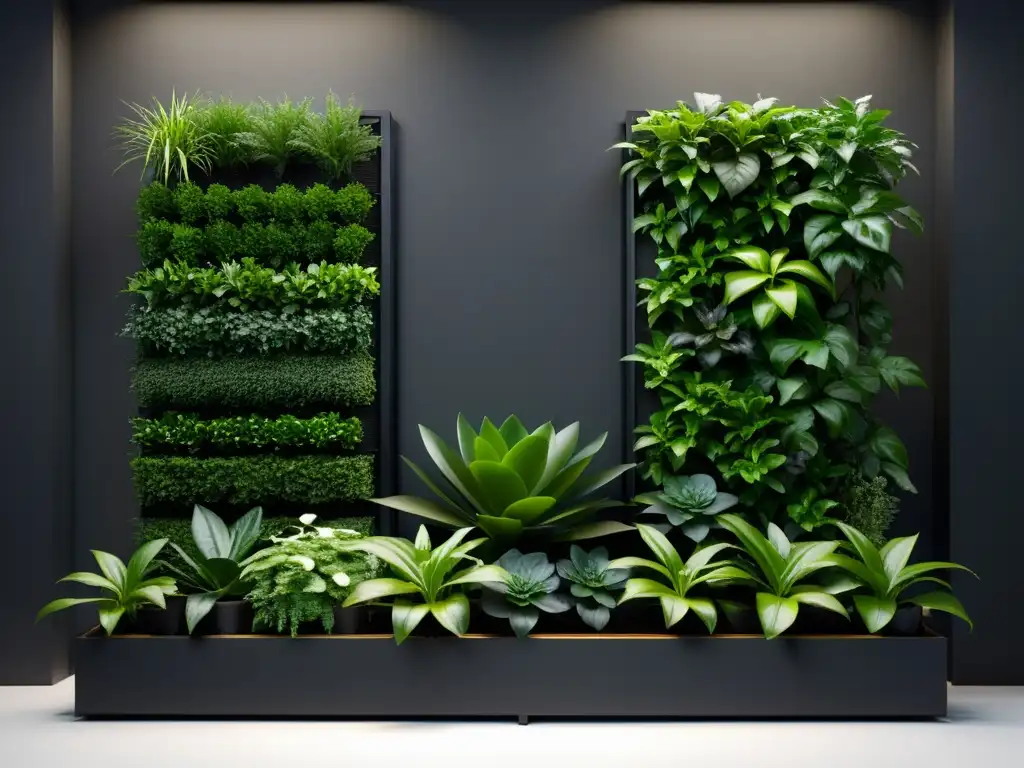 Jardines verticales diseño interior: un jardín vertical minimalista con plantas verdes exuberantes en un elegante marco metálico negro