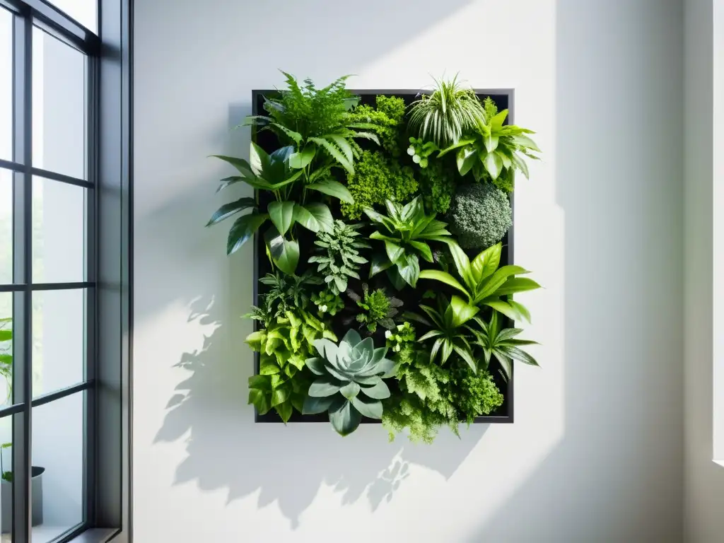 Jardines verticales para interiores: Elegante marco negro con plantas verdes en patrón geométrico, contrastando con la pared blanca