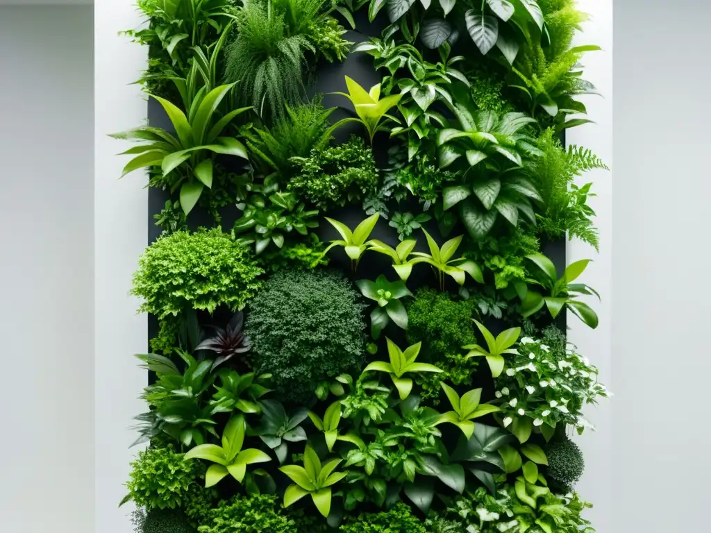 Jardines verticales para interiores: Un hermoso jardín vertical interior con plantas exuberantes en un diseño geométrico contra una pared blanca