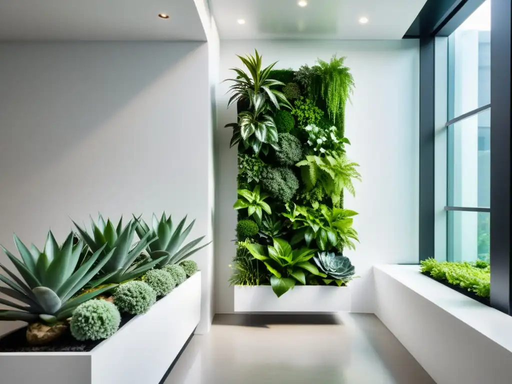 Jardines verticales para interiores: Imagen 8k de un elegante jardín interior minimalista, creando un punto focal sereno y visualmente impactante