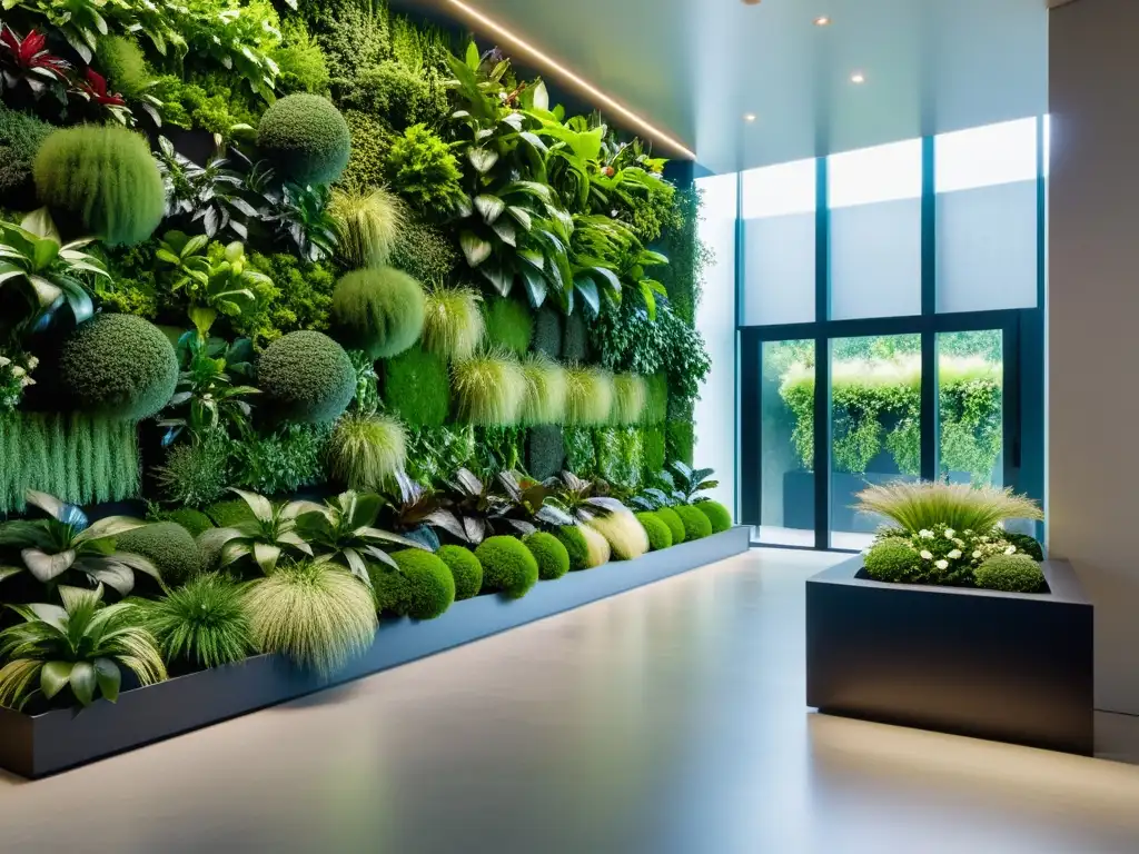 Jardines verticales para interiores: moderno espacio con un impresionante jardín vertical de plantas vibrantes y diseño cautivador