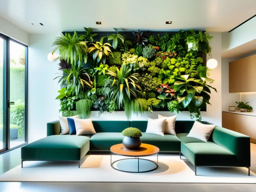 Jardines verticales para interiores: Sala minimalista con jardín vertical de plantas verdes, elegante y moderna
