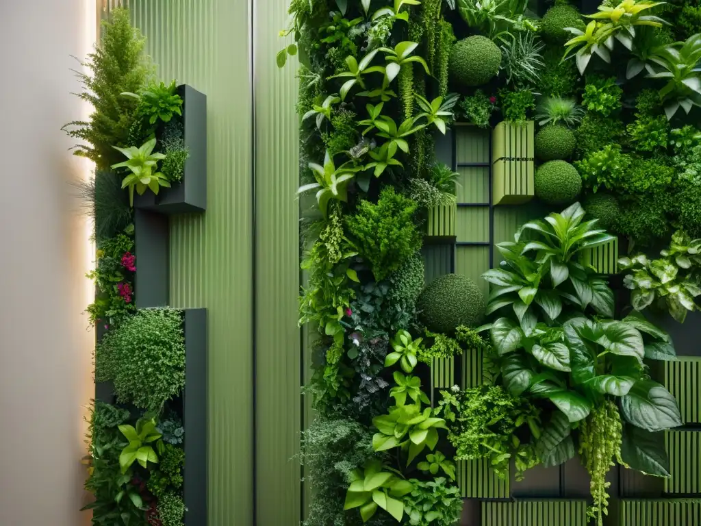 Jardines verticales con materiales reciclados: Un jardín vertical innovador y sostenible con plantas verdes vibrantes en un diseño minimalista