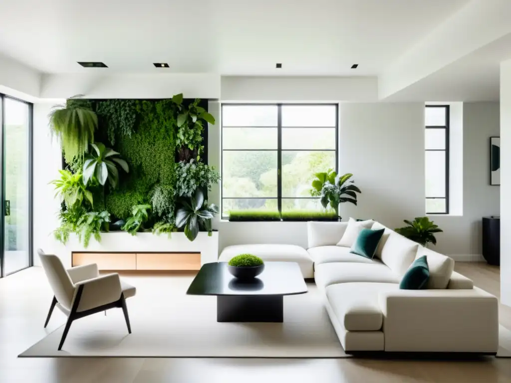 Adaptar jardines verticales decoración interior: Salón minimalista con jardín vertical, plantas verdes en elegantes macetas y mobiliario moderno