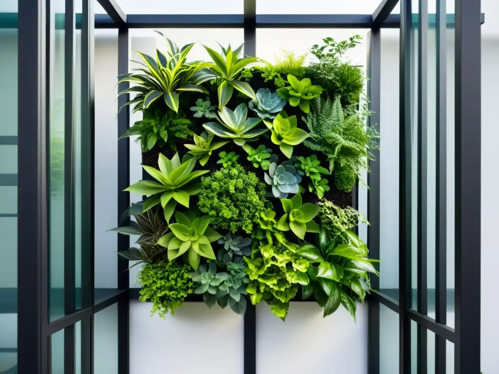 Jardines verticales modulares para espacios reducidos: estructuras metálicas negras con plantas verdes vibrantes en un diseño geométrico elegante