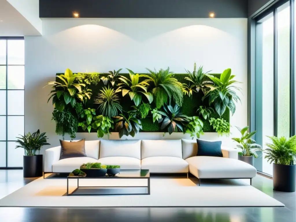 Jardines verticales modulares para espacios reducidos: Sala contemporánea con pared verde, plantas exuberantes y luz natural