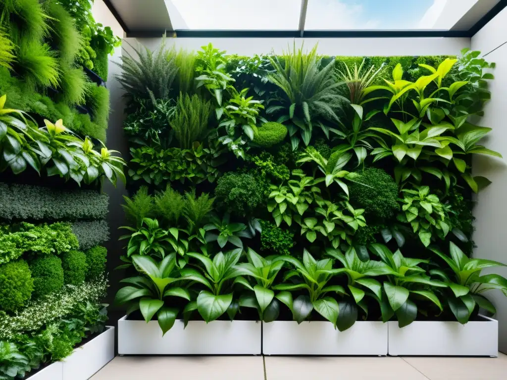 Jardines verticales modulares para espacios reducidos: un oasis urbano de plantas exuberantes en un diseño elegante, bañado por la suave luz del sol