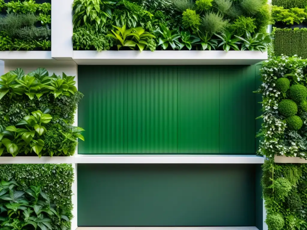 Jardines verticales modulares para espacios reducidos: Elegante módulo con plantas verdes vibrantes en patrón geométrico contra pared blanca