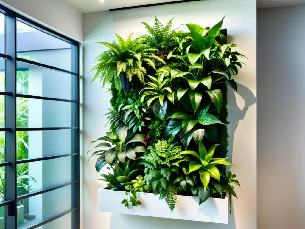 Jardines verticales para plantas de interior: una impresionante pared blanca con exuberante vegetación creando un oasis sereno y elegante