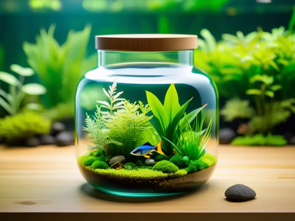 Jarra de cristal con ecosistema acuático autónomo y plantas vibrantes, peces y rocas