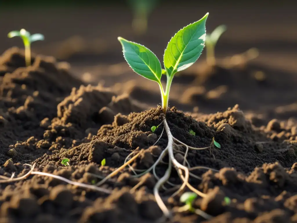 Joven planta enraizada en tierra fértil, sin hormonas de enraizamiento para plantas, exhibe crecimiento orgánico vibrante