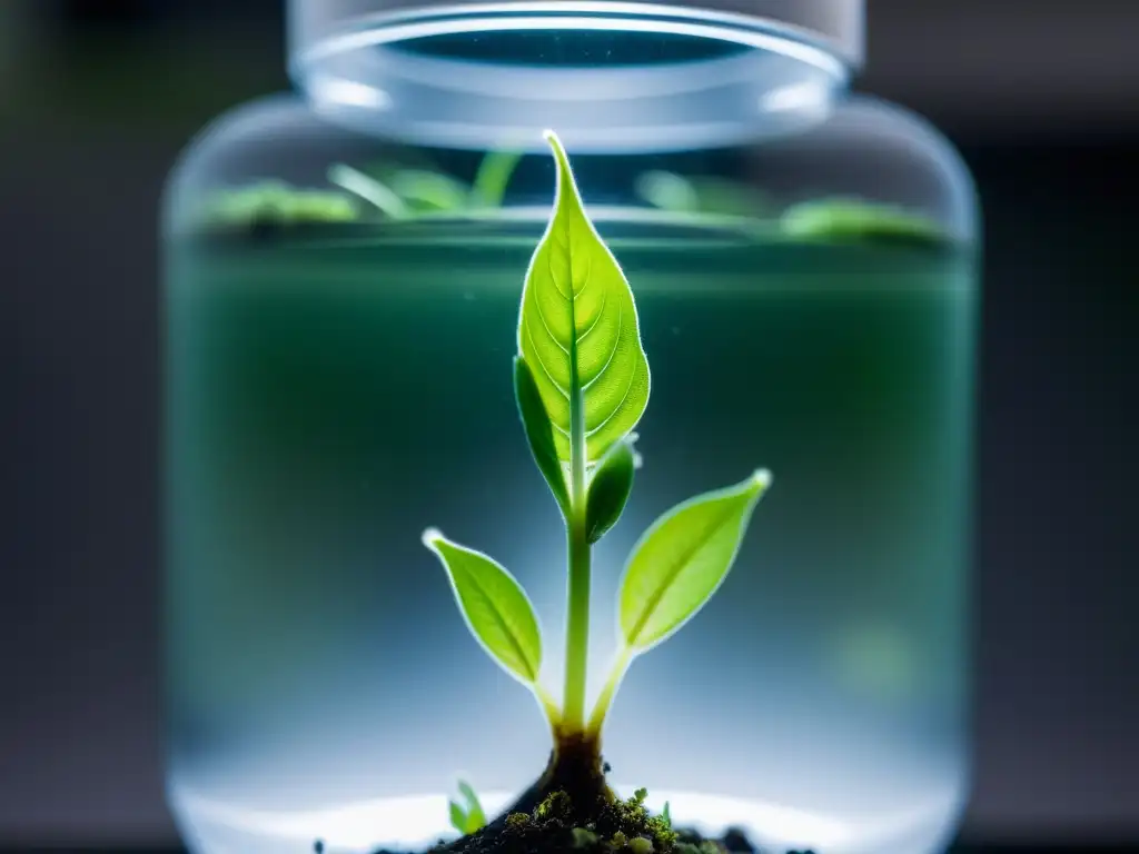 Joven planta brotando de un recipiente de cultivo de tejidos, con raíces delicadas y brotes de hojas