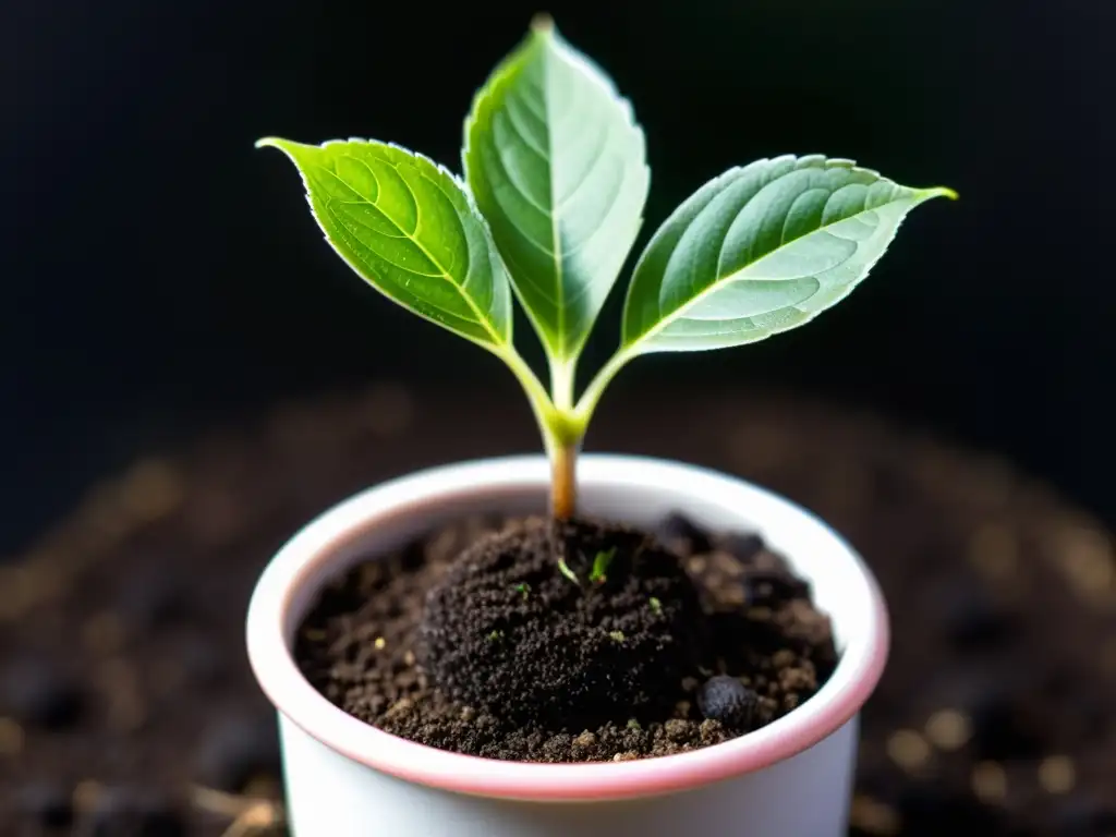 Joven planta emergiendo de la tierra en maceta redonda, evocando calma y cuidado de plantas de interior