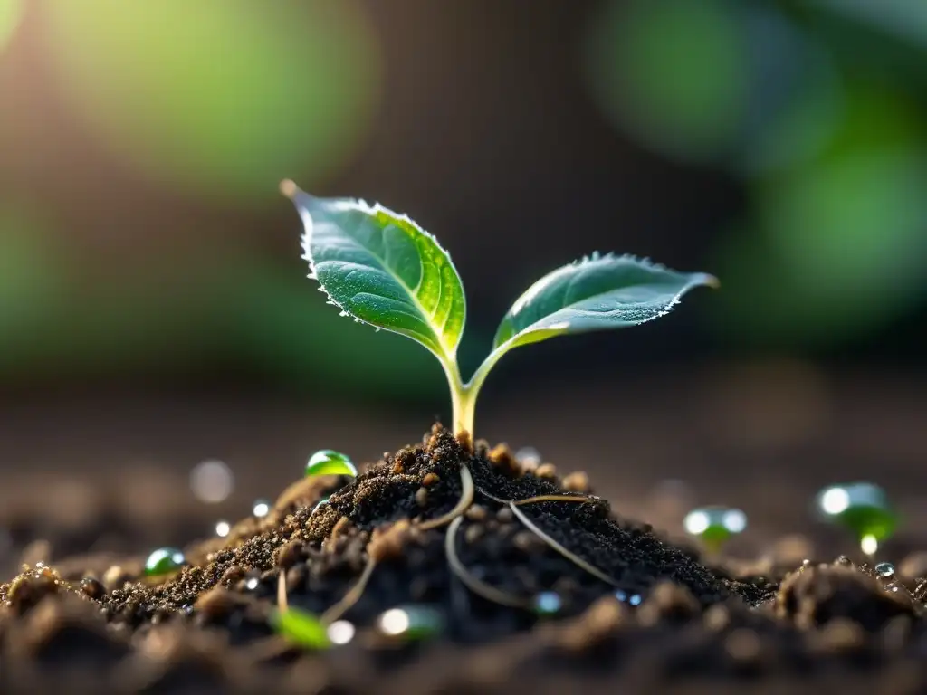 Joven planta brotando de la tierra con raíces delicadas