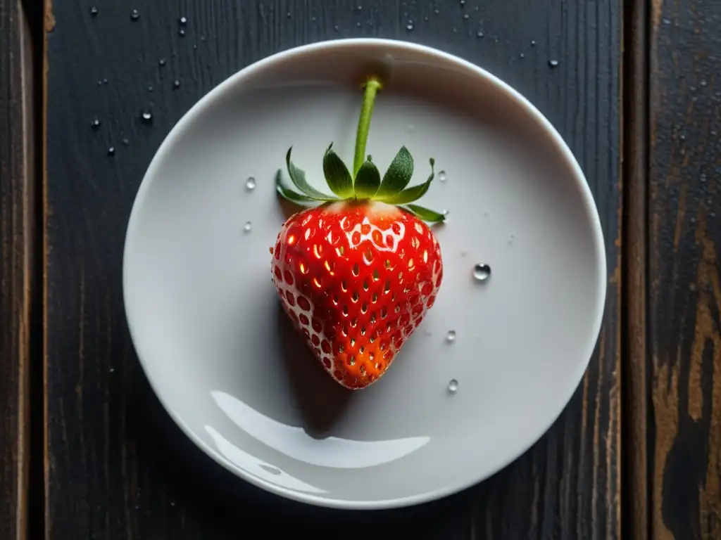 Una jugosa fresa madura reposa en un plato blanco sobre una mesa de madera oscura