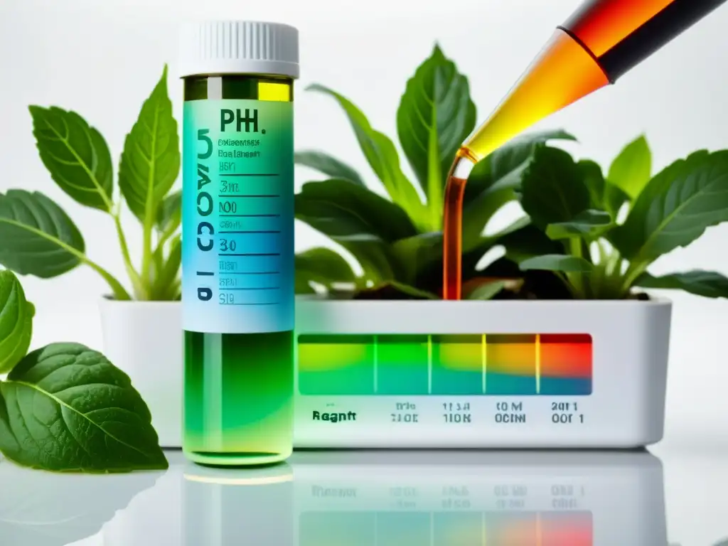 Kit de prueba de pH para mantenimiento del PH en jardín hidropónico, con reactivos visibles en tubo de ensayo transparente