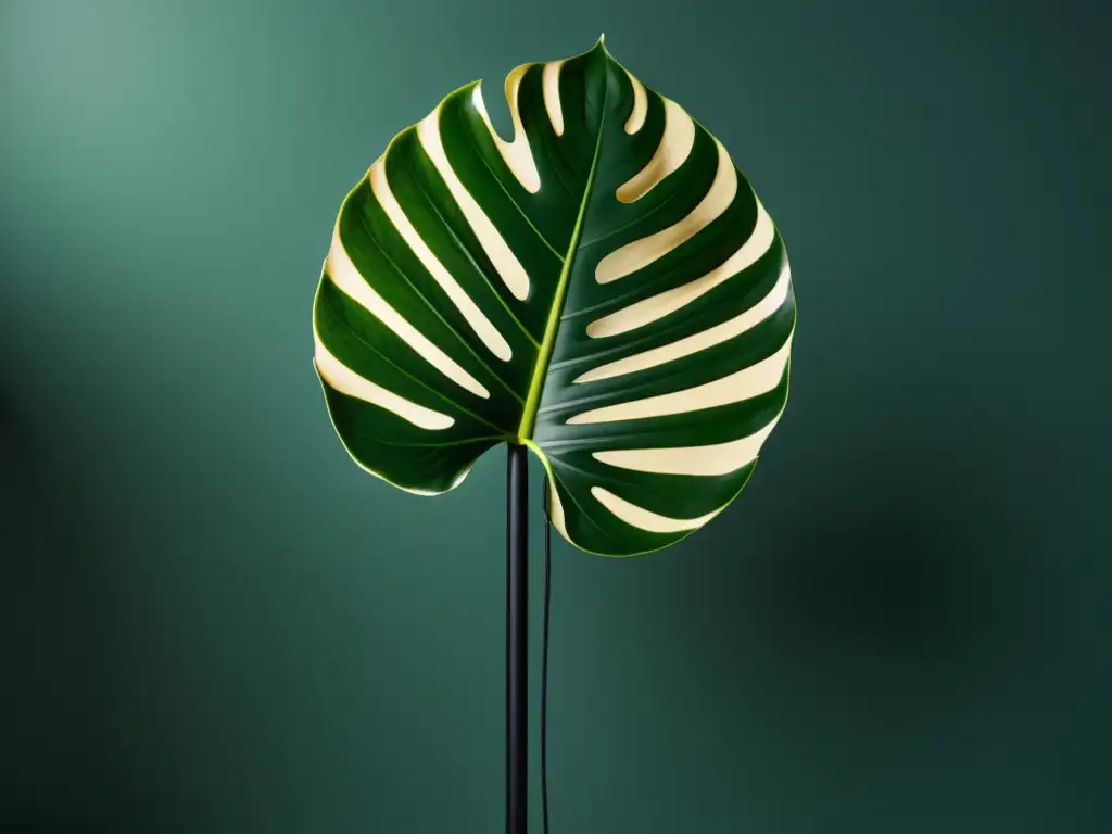 Una lámpara moderna ilumina una exuberante planta de monstera, creando un ambiente cálido