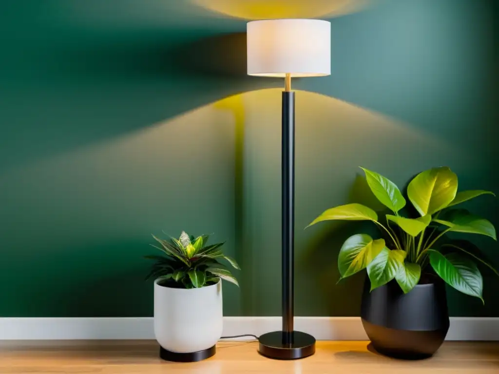 Una lámpara negra elegante ilumina plantas de interior, creando un ambiente armonioso y moderno