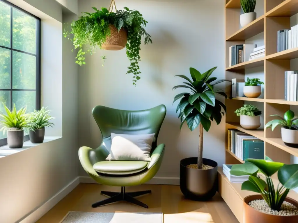 Rincón de lectura con plantas: un acogedor espacio con sillón moderno, plantas exuberantes y luz natural para lectura tranquila