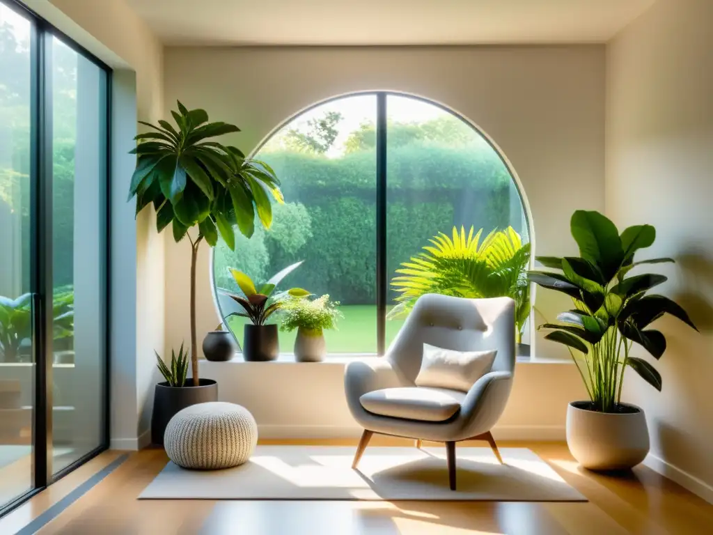 Un rincón de lectura con plantas, iluminado por el sol, un sillón moderno y plantas verdes en macetas elegantes