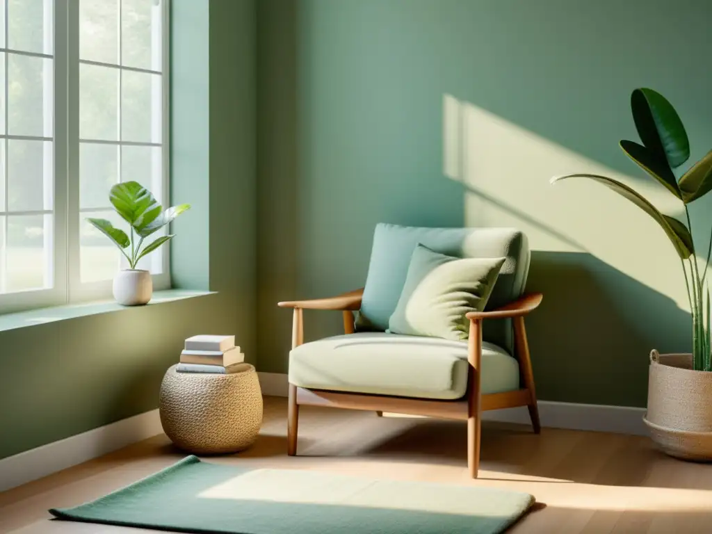 Un rincón de lectura con plantas: un sillón minimalista junto a una ventana, con luz natural, manta verde, mesa con planta y libros