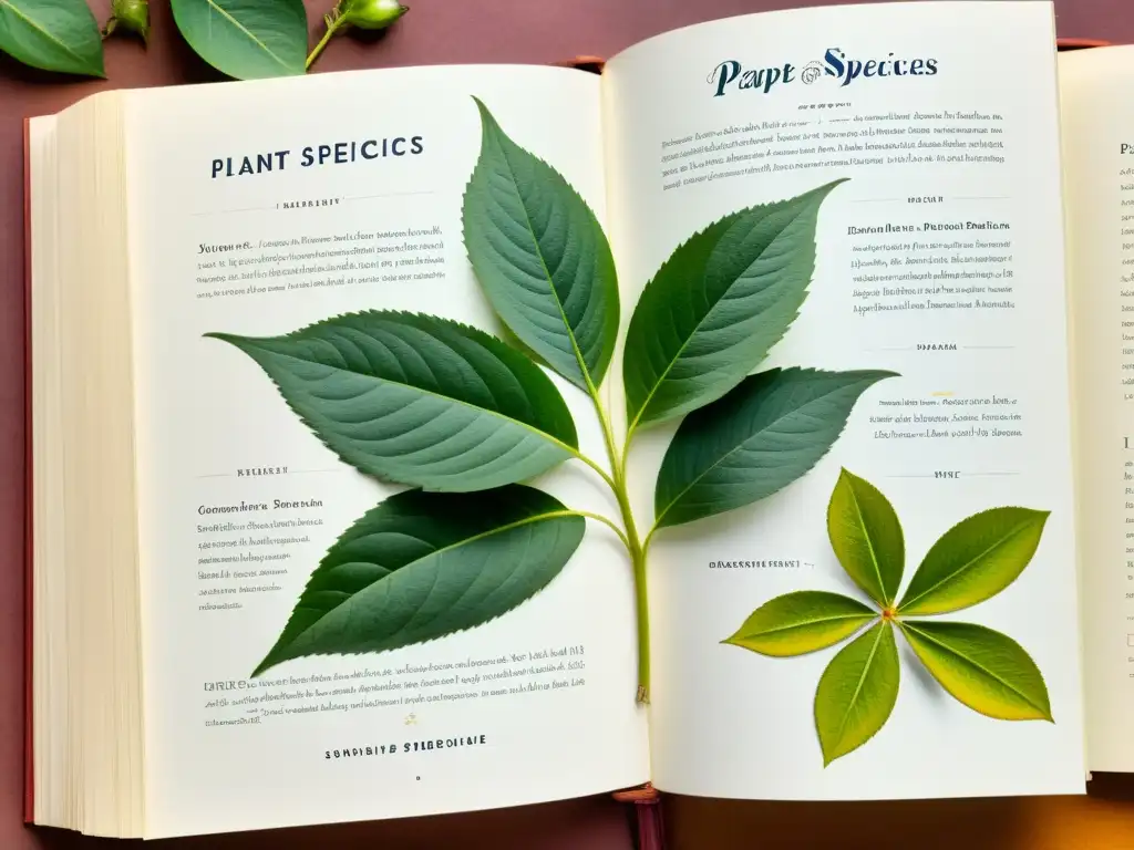 Un libro ilustrado para cuidar plantas, con detalladas acuarelas de especies botánicas en una composición elegante y minimalista