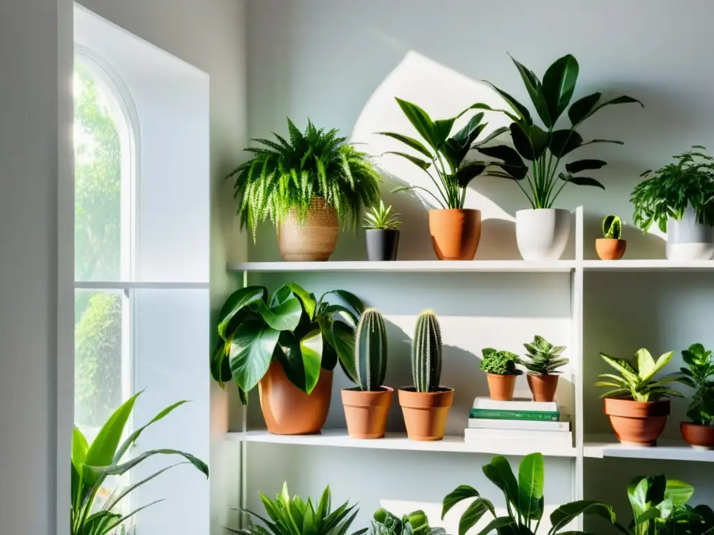 Estante minimalista con plantas exuberantes Libros esenciales cuidado plantas interior: Elegante estantería con plantas verdes vibrantes en un entorno tranquilo y sofisticado