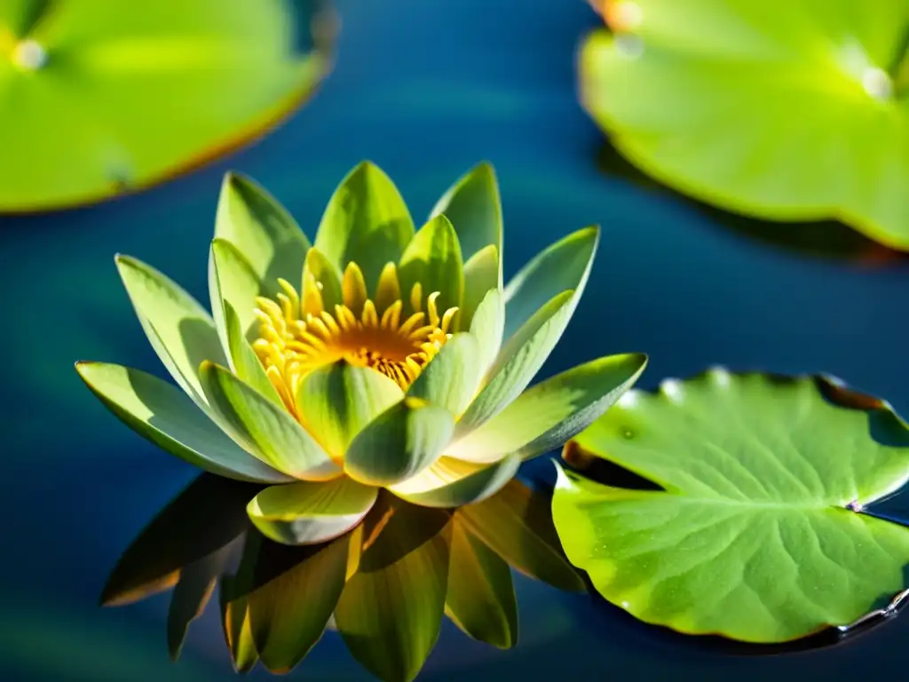 En el jardín acuático, una lirio de agua verde flota con gracia en un estanque de agua cristalina, iluminado por el sol