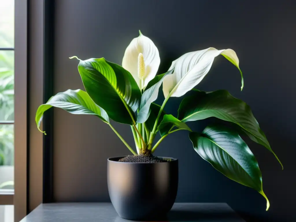 Un lirio de la paz exuberante en un entorno interior de baja luz, destacando la importancia de cuidar las plantas en estas condiciones