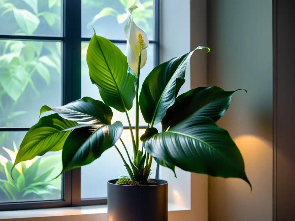 Un lirio de la paz exuberante y verde se destaca en un elegante soporte de planta moderno en una habitación ligeramente iluminada