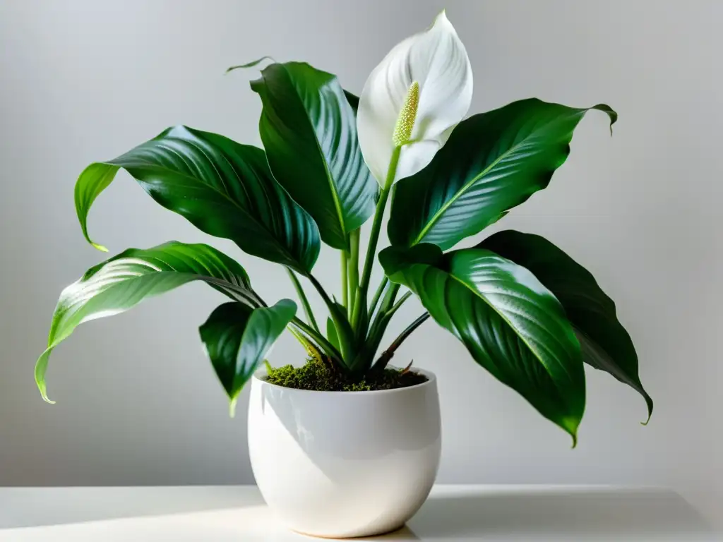 Un lirio de la paz exuberante y vibrante en una elegante maceta blanca, con hojas brillantes y saludables, flores blancas y luz natural