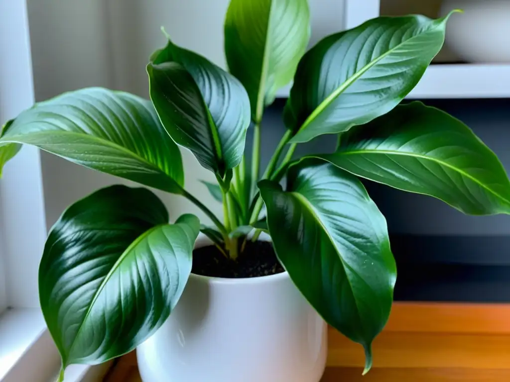 Un lirio de la paz verde exuberante en una maceta blanca moderna, iluminado por la suave luz natural