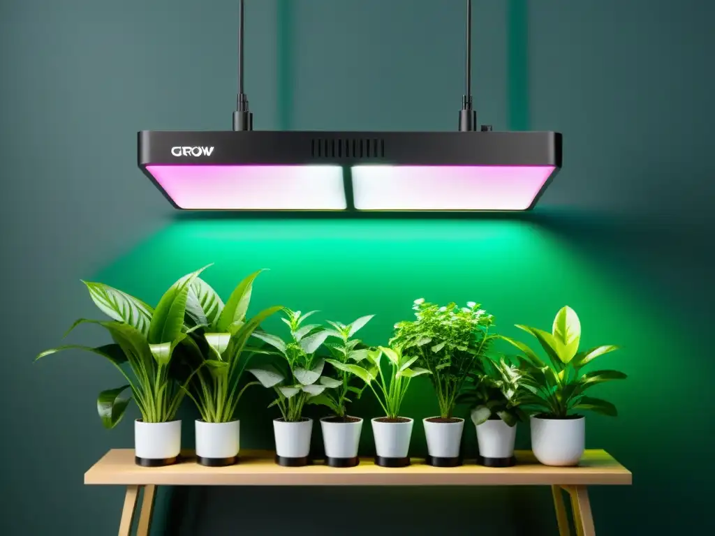 Luces de crecimiento para plantas de interior: Panel LED moderno iluminando exuberante jardín indoor, promoviendo crecimiento saludable y floración