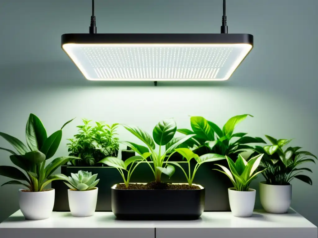 Luces LED para plantas de interior: Una estética contemporánea con paneles LED suspendidos sobre exuberante vegetación