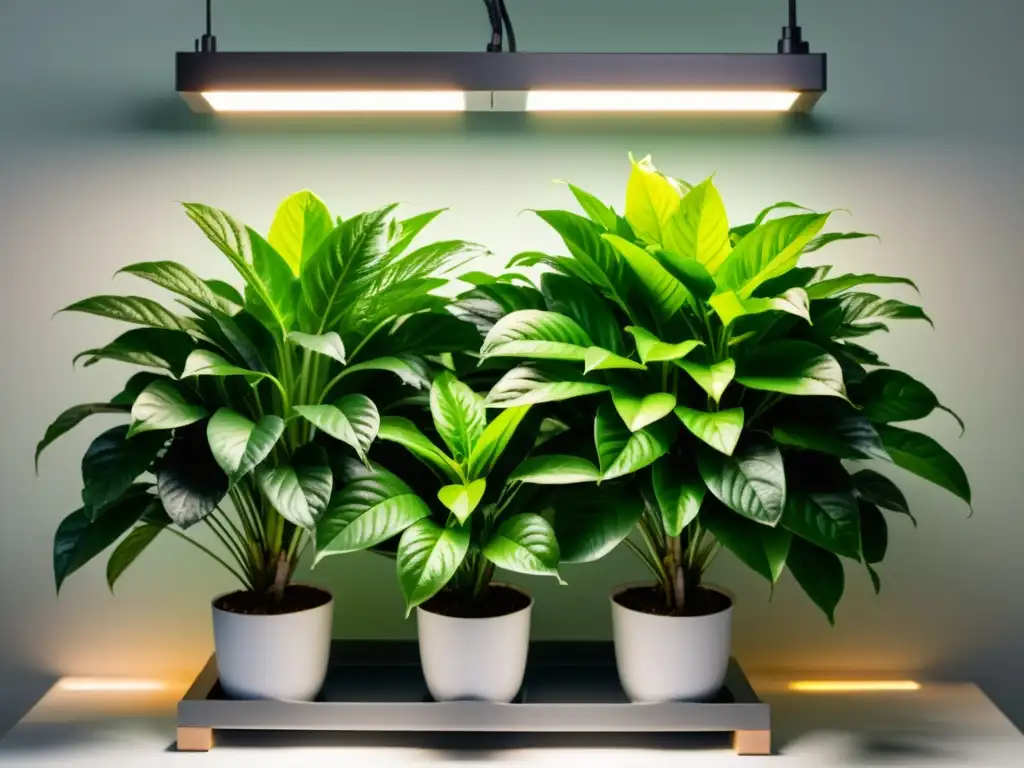 Comparación de luces para plantas de interior: lado a lado, planta vibrante bajo LED y planta marchita bajo luz fluorescente