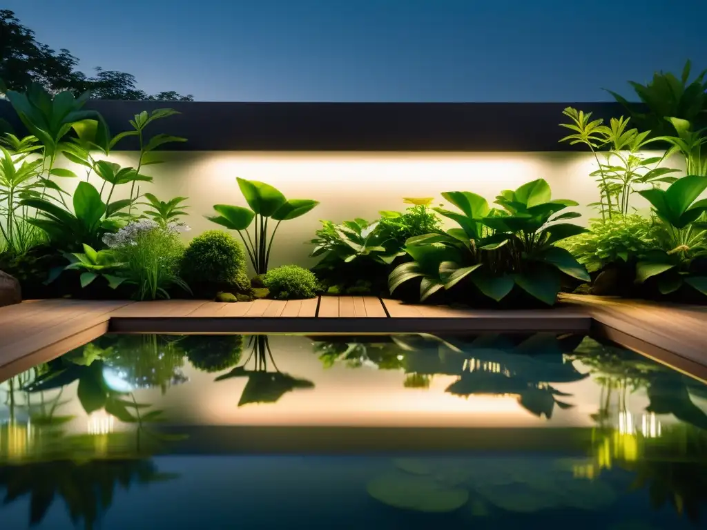 Colocar luces en un tranquilo jardín acuático interior, iluminando plantas y creando reflejos etéreos en el agua